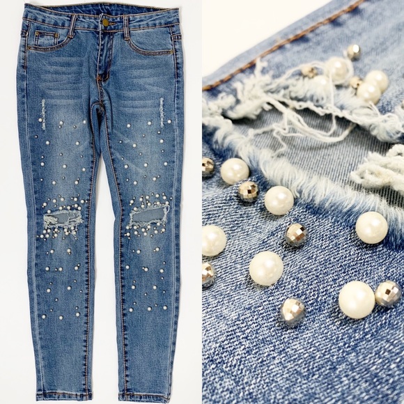 Denim - Vintage Pearl & Rhinestone Embellished Skinny Jean